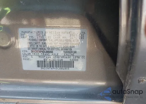 2013 Nissan Versa 1.6 Sv из США, поврежденный, VIN 3N1CN7AP4DL886855